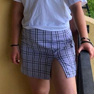90s-inspired purple plaid slitted miniskirt